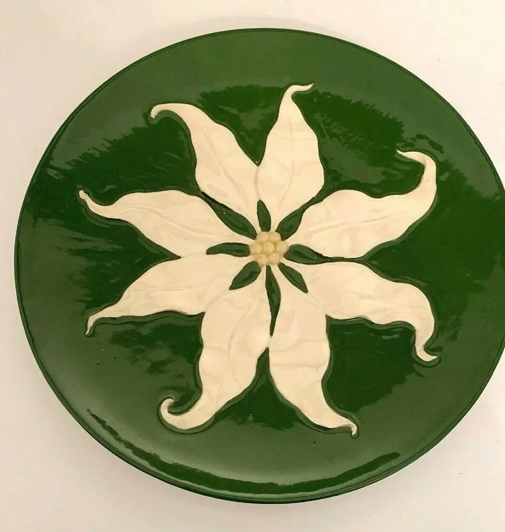 Vintage 1953 Poinsettia Handpainted Plate Green White Kitchshy Holiday 10